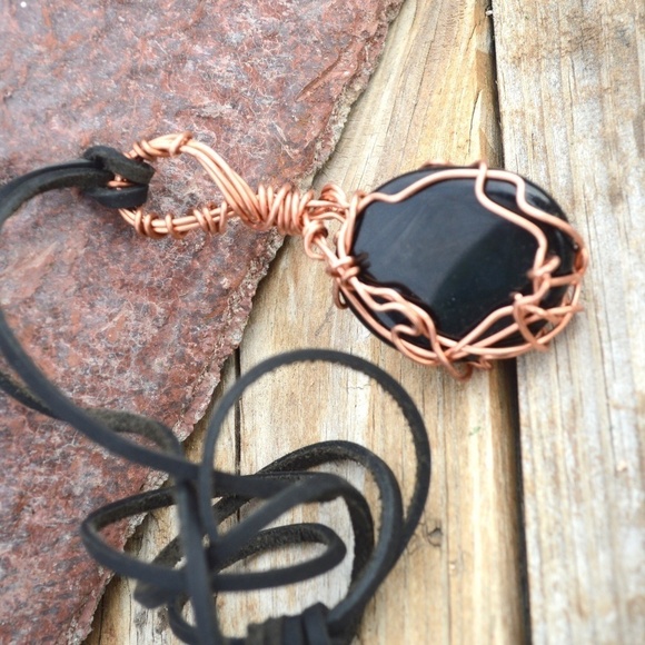 Black Obsidian Solid Copper Pendant Leather Necklace Handmade Artisan Wire Wrap - Picture 7 of 11